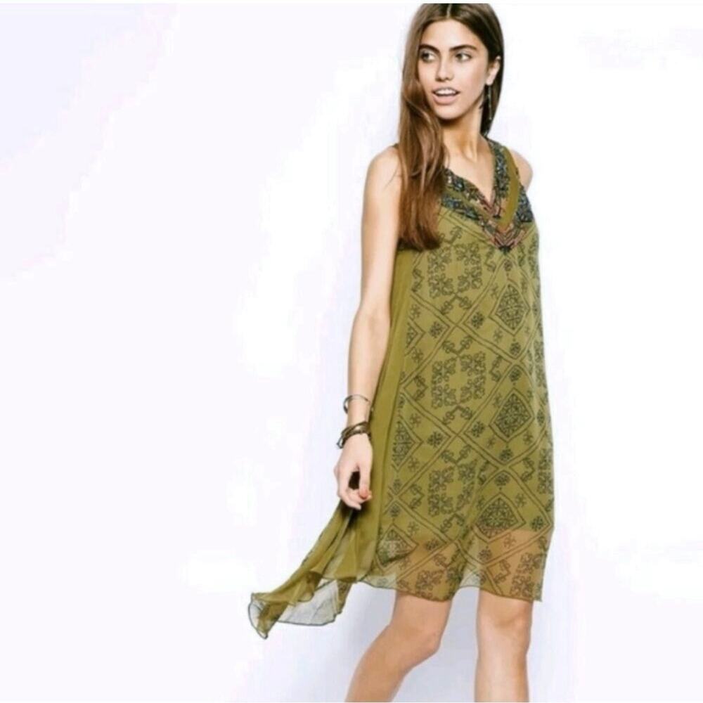 FREE PEOPLE Women’s Ancient Mystery Beaded Green Geo Print Swing Dress